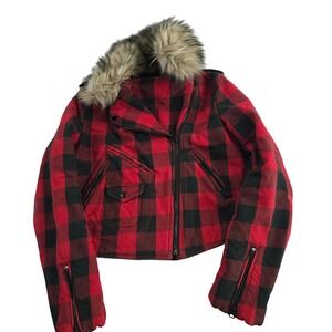 Denim & Supply Ralph Lauren Womens Red Black Plaid Moto Jacket Faux Fur Collar M